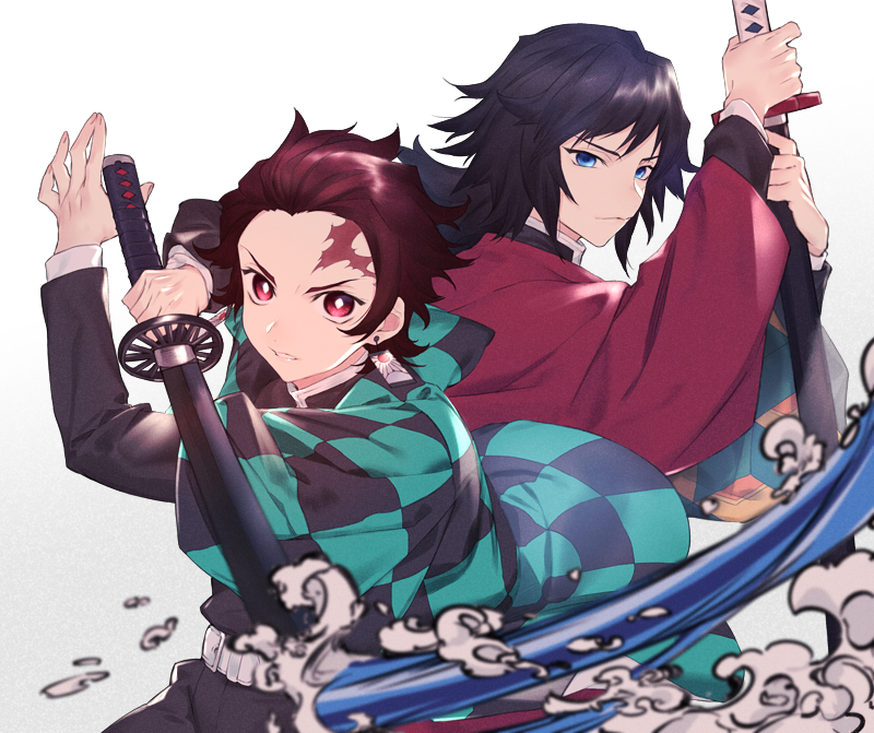 2boys bangs belt belt_buckle black_hair blue_eyes blue_hair bright_pupils brown_hair buckle checkered_haori closed_mouth commentary_request dark_blue_hair demon_slayer_uniform earrings fingernails hakama hakama_pants hanafuda haori holding holding_sword holding_weapon jacket japanese_clothes jewelry kamado_tanjirou katana kimetsu_no_yaiba long_hair long_sleeves looking_at_viewer male_focus multicolored_hair multiple_boys open_mouth pants ponytail sachico66 scar scar_on_face scar_on_forehead serious sheath sword tomioka_giyuu two-tone_kimono unsheathing v-shaped_eyebrows weapon white_belt white_pupils