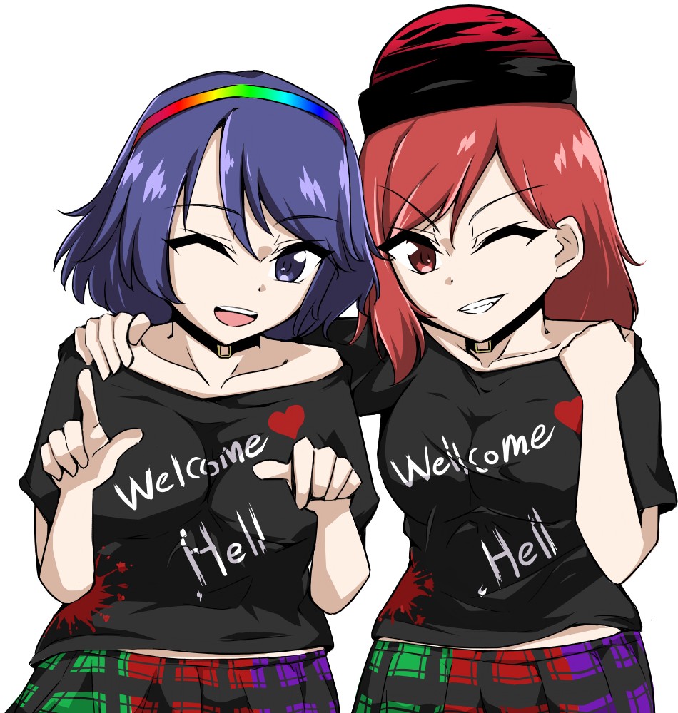 2girls ;d alternate_costume black_collar black_shirt blue_eyes blue_hair clothes_writing collar cowboy_shot erakokyu01 grin hand_on_another's_shoulder heart hecatia_lapislazuli index_finger_raised looking_at_viewer multicolored_clothes multicolored_hair multicolored_skirt multiple_girls one_eye_closed plaid plaid_skirt polos_crown red_eyes redhead shirt short_hair short_sleeves simple_background skirt smile standing t-shirt tenkyuu_chimata touhou white_background
