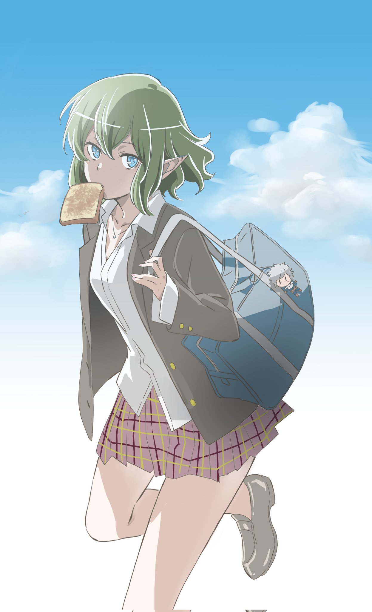 1girl 7msaaxt6qto3joj bag bare_legs bell_cranel blue_eyes brown_footwear clouds collared_shirt dungeon_ni_deai_wo_motomeru_no_wa_machigatteiru_darou_ka elf food food_in_mouth green_hair highres mouth_hold open_clothes pleated_skirt pointy_ears ryu_lion school_bag school_uniform shirt short_hair shoulder_bag skirt sky stuffed_toy toast toast_in_mouth white_shirt