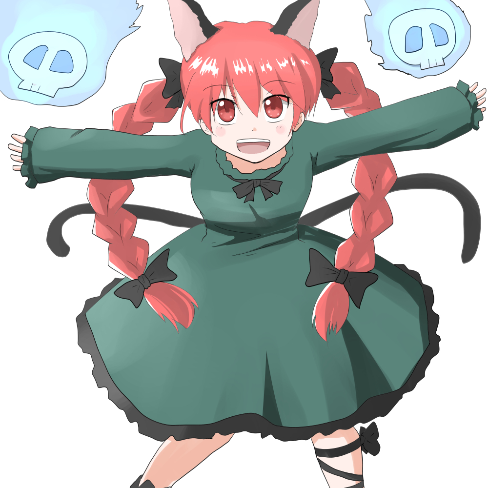 1girl :d animal_ears ao-shiba blush_stickers bow braid cat_ears cat_tail dress hitodama kaenbyou_rin leg_ribbon multiple_tails nekomata outstretched_arms red_eyes redhead ribbon skull smile solo spread_arms tail touhou twin_braids two_tails