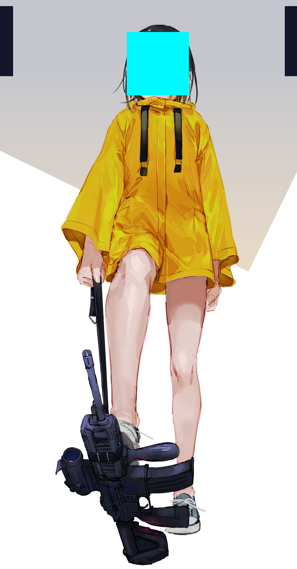 1girl aq_ll black_hair censored commentary_request drawstring from_below gun highres holding holding_weapon hood hood_down identity_censor long_sleeves original rifle shoes short_hair simple_background sneakers solo weapon weapon_request white_background white_footwear yellow_raincoat