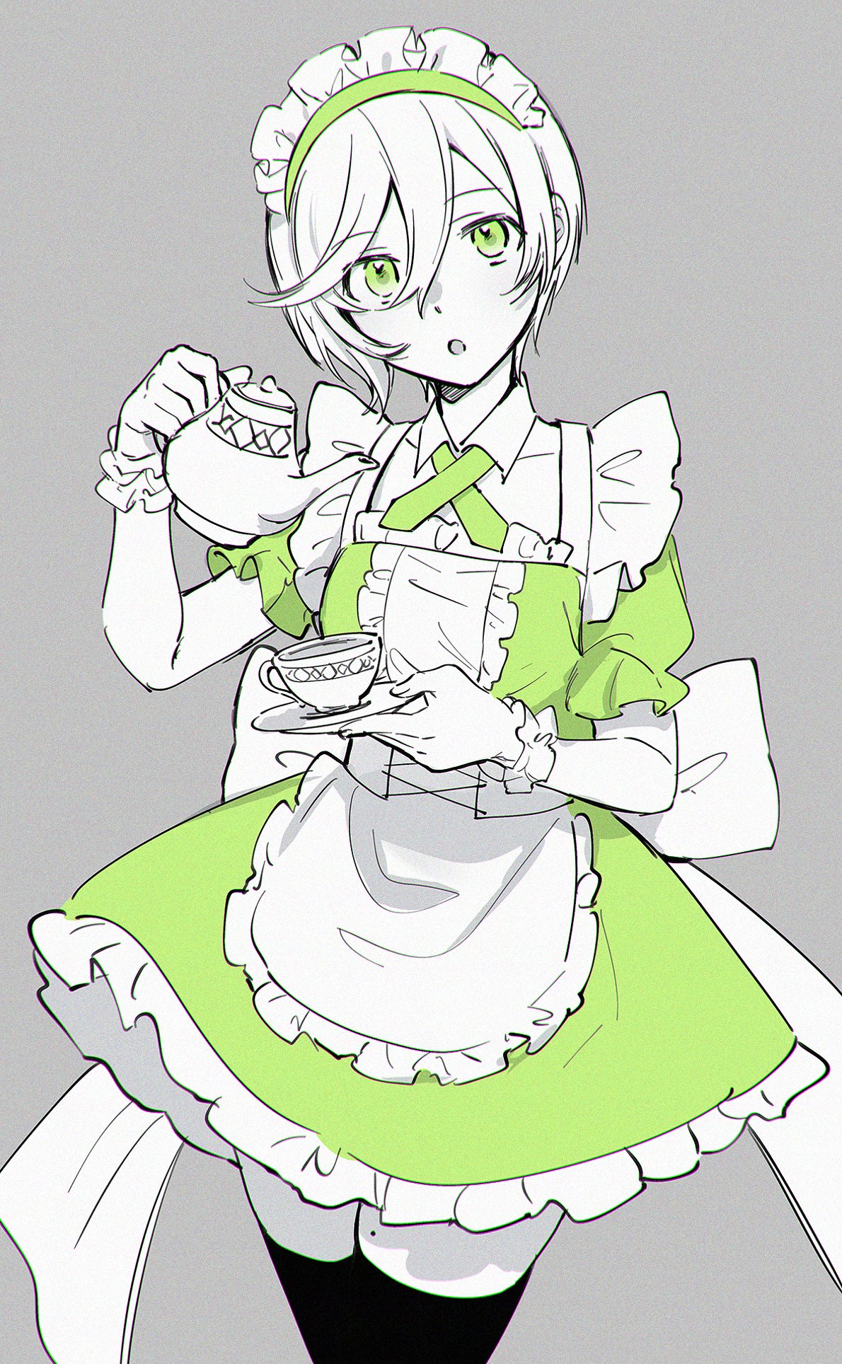 1girl :o alternate_costume apron back_bow bangs bow cowboy_shot cross-laced_clothes cross_tie cup detached_collar dot_nose dress enmaided frilled_cuffs frilled_dress frills fuji_fujino green_dress green_eyes grey_background hair_between_eyes highres holding holding_cup holding_kettle layered_sleeves looking_at_viewer magia_record:_mahou_shoujo_madoka_magica_gaiden mahou_shoujo_madoka_magica maid maid_headdress parted_lips puffy_short_sleeves puffy_sleeves sasame_yozuru short_dress short_hair short_sleeves simple_background solo swept_bangs thigh-highs