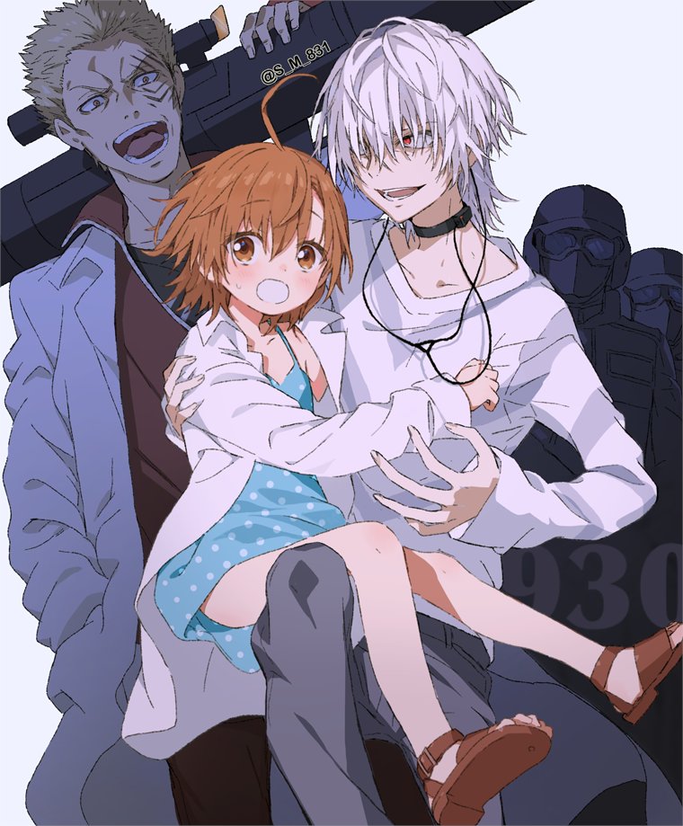 1girl 2boys accelerator_(toaru_majutsu_no_index) ahoge albino bangs black_choker black_pants black_shirt black_undershirt blonde_hair blue_dress blush brown_eyes brown_footwear brown_hair carrying choker commentary dress goggles grey_pants grey_shirt hair_over_eyes hand_on_another's_chest hand_on_another's_shoulder helmet holding holding_weapon jacket kihara_amata labcoat last_order_(toaru_majutsu_no_index) long_bangs long_jacket military military_uniform multiple_boys open_mouth over_shoulder pants parted_lips people polka_dot polka_dot_dress raised_eyebrows red_eyes red_shirt rocket_launcher s_m_831 sandals sanpaku shirt short_dress short_hair shouting simple_background sitting sitting_on_lap sitting_on_person spread_fingers sundress swat sweatdrop talking teeth toaru_kagaku_no_railgun toaru_majutsu_no_index two-tone_shirt uniform v-shaped_eyebrows weapon weapon_over_shoulder white_background white_hair white_jacket white_shirt yellow_eyes