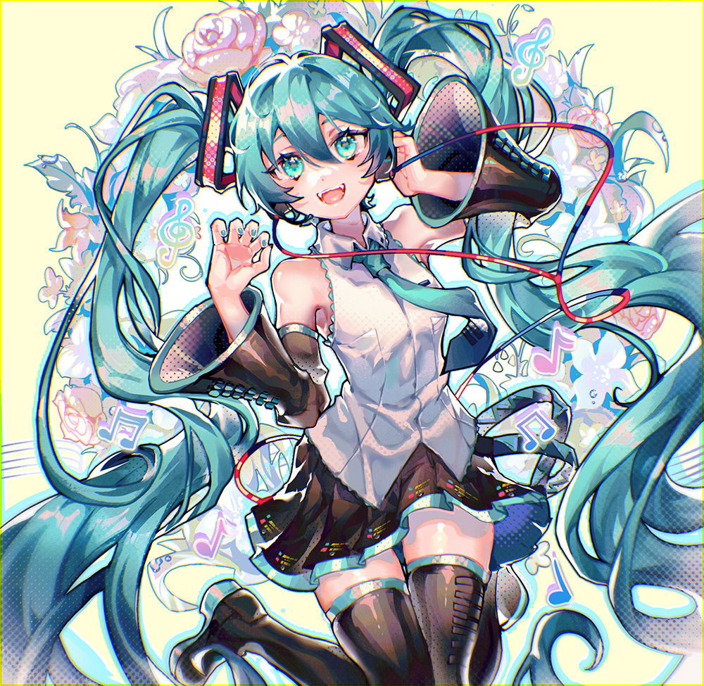 1girl :d adjusting_headset bare_shoulders beamed_eighth_notes beamed_sixteenth_notes black_footwear black_skirt black_sleeves blue_eyes blush boots cable collared_shirt commentary detached_sleeves eighth_note fangs flower hair_ornament hatsune_miku headset lily_of_the_valley long_hair looking_at_viewer musical_note open_mouth pink_flower pink_rose quarter_note rose shirt skirt sleeveless sleeveless_shirt smile solo teeth thigh_boots treble_clef twintails upper_teeth very_long_hair vocaloid white_flower white_shirt wide_sleeves yizhi_yishi