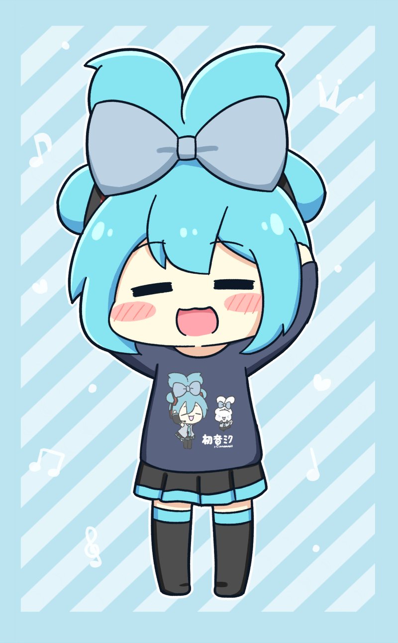 1girl =_= aqua_hair arms_up beamed_eighth_notes black_skirt black_thighhighs blue_background blue_bow blue_sweater blush_stickers bow character_print chibi cinnamiku cinnamoroll closed_eyes commentary crown eighth_note facing_viewer full_body hair_bow hands_in_hair hatsune_miku heart highres long_hair musical_note nukotun open_mouth pleated_skirt quarter_note sanrio shirt skirt smile solo standing sweater thigh-highs treble_clef twintails updo vocaloid