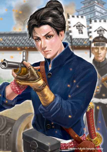 1boy 1girl aiming androgynous architecture black_hair brown_eyes buttons cannon east_asian_architecture gloves gun hair_bun holding holding_gun holding_weapon official_art real_life sengoku_gallery single_glove solo_focus sword weapon yamamoto_yae