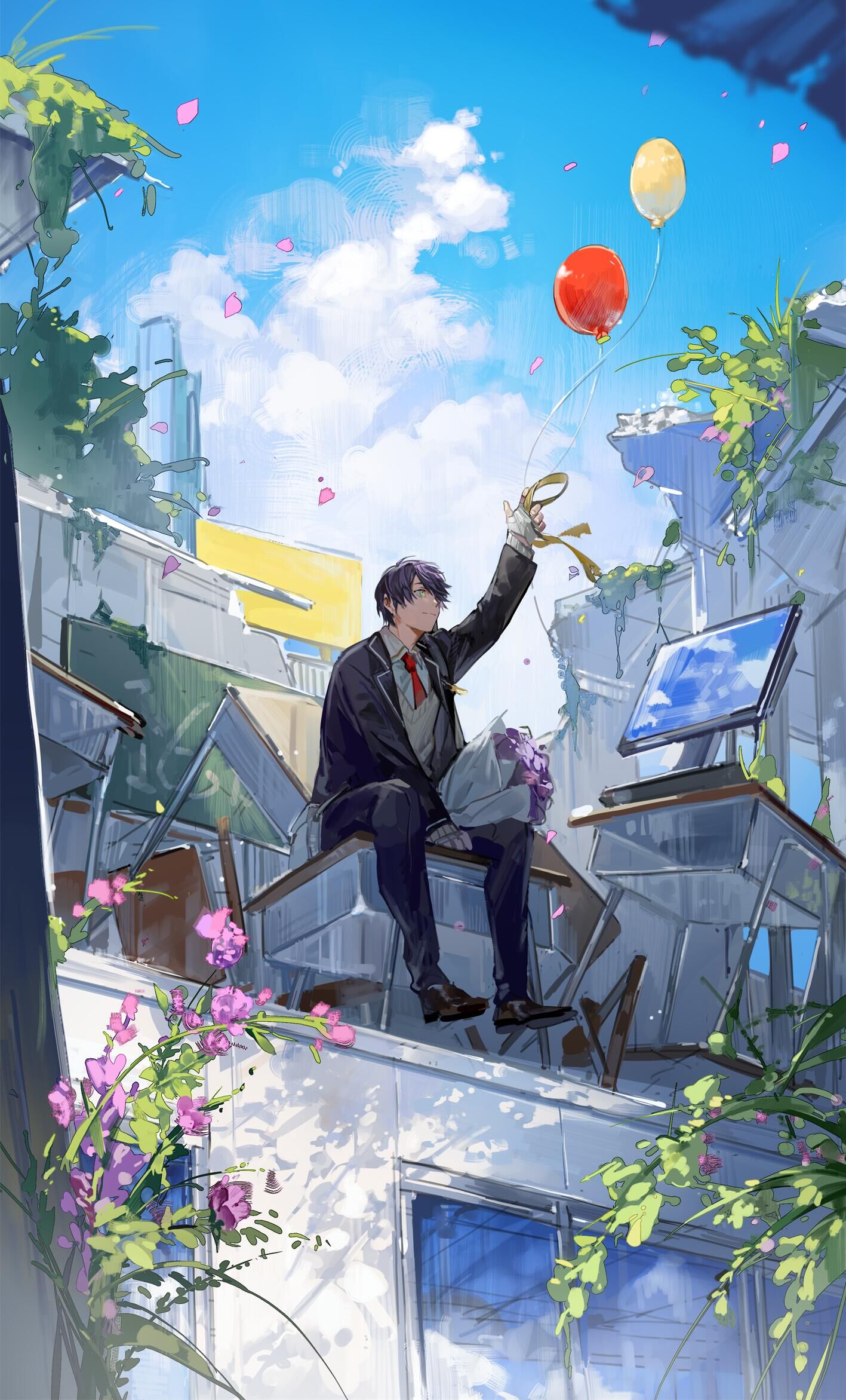 1boy arm_up balloon black_hair black_jacket black_pants blue_sky bokyo bouquet brown_footwear brown_sweater_vest chalkboard classroom clouds commentary_request desk flower grass grey_eyes highres holding holding_bouquet jacket kenmochi_touya long_sleeves looking_up male_focus monitor necktie nijisanji on_desk pants purple_flower red_necktie ruins school_uniform shirt sitting sitting_on_desk sky smile solo sweater_vest virtual_youtuber white_shirt window wing_collar