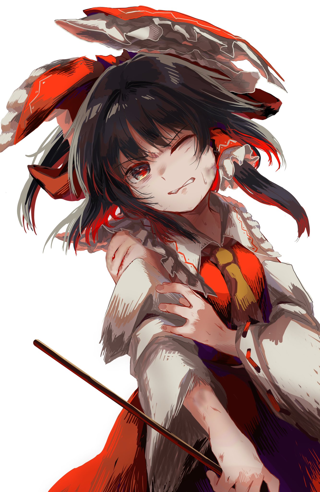 1girl ascot bangs black_hair bleeding blood bow bruise collared_vest commentary_request cowboy_shot cuts detached_sleeves frilled_bow frilled_hair_tubes frills gohei hair_bow hair_tubes hakurei_reimu hand_on_own_arm highres holding_gohei injury long_hair looking_at_viewer matsukuzu one_eye_closed parted_lips red_bow red_eyes red_skirt red_vest ribbon-trimmed_sleeves ribbon_trim simple_background skirt solo torn_clothes touhou vest white_background white_sleeves wide_sleeves yellow_ascot