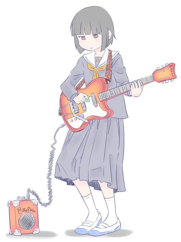 1girl afunai amplifier black_eyes black_hair black_serafuku bob_cut electric_guitar full_body guitar holding holding_instrument holding_plectrum instrument long_skirt long_sleeves original pleated_skirt plectrum school_uniform serafuku skirt solo