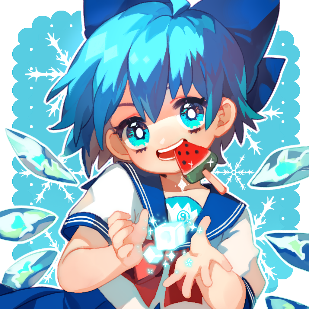 1girl adapted_costume bangs blue_bow blue_eyes blue_hair blue_skirt bow circled_9 cirno collared_shirt commentary_request food hair_bow harrymiao head_tilt ice ice_cube ice_wings looking_at_viewer neckerchief popsicle popsicle_in_mouth red_neckerchief sailor_collar shirt short_hair short_sleeves skirt smile snowflakes solo teeth touhou upper_body watermelon_bar white_shirt wings