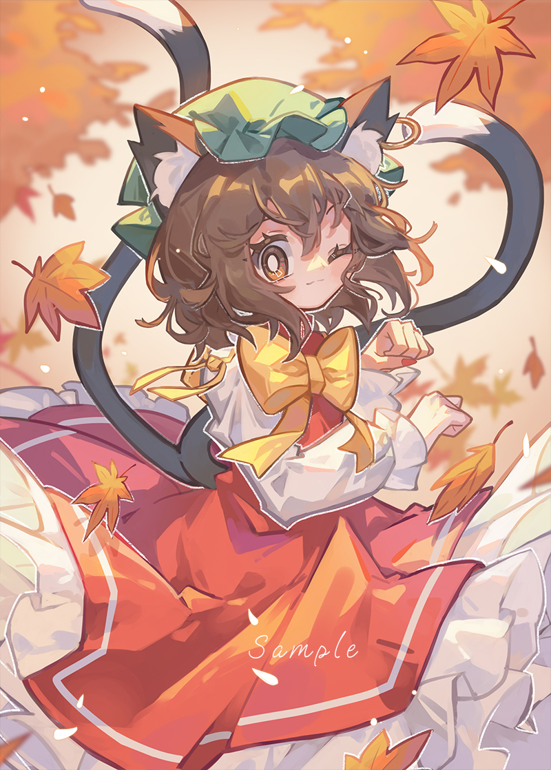 1girl animal_ear_fluff animal_ears autumn autumn_leaves bangs bow bowtie bright_pupils brown_eyes brown_hair cat_ears cat_girl cat_tail chen closed_mouth dress earrings eyes feet_out_of_frame green_headwear hair hair_between_eyes hat jewelry leaf long_sleeves looking_at_viewer maple_leaf medium_hair mob_cap multiple_tails one_eye_closed paw_pose petticoat red_dress red_nails ribbon sample_watermark shirt single_earring smile solo split_mouth suelement tail touhou two_tails white_pupils white_shirt yellow_bow yellow_bowtie yellow_ribbon