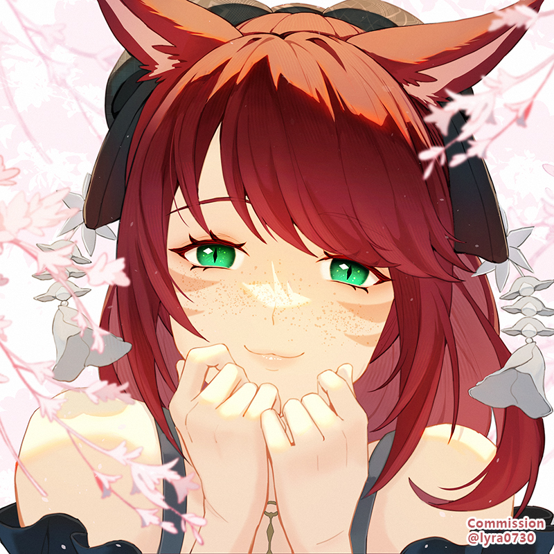 1girl :3 animal_ears avatar_(ff14) bangs bow cat_ears close-up commission facial_hair facial_mark final_fantasy final_fantasy_xiv green_eyes hair_bow long_hair looking_at_viewer lyra-kotto portrait redhead slit_pupils smile solo whisker_markings