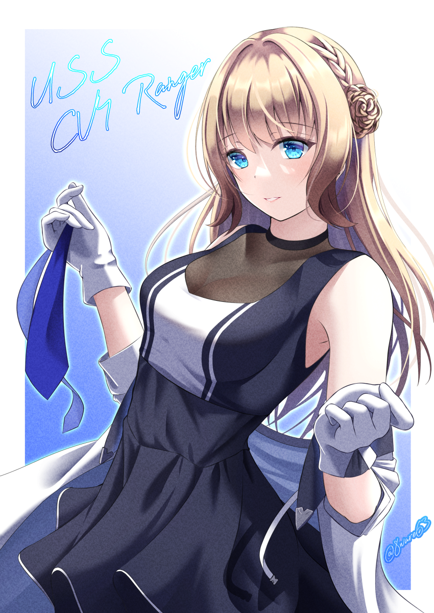 1girl black_dress blonde_hair blue_eyes braid breasts character_name commentary_request cowboy_shot double_bun dress gloves hachiware_(8ware63) hair_bun highres kantai_collection long_hair looking_at_viewer medium_breasts necktie necktie_removed ranger_(kancolle) smile solo two-tone_dress white_gloves