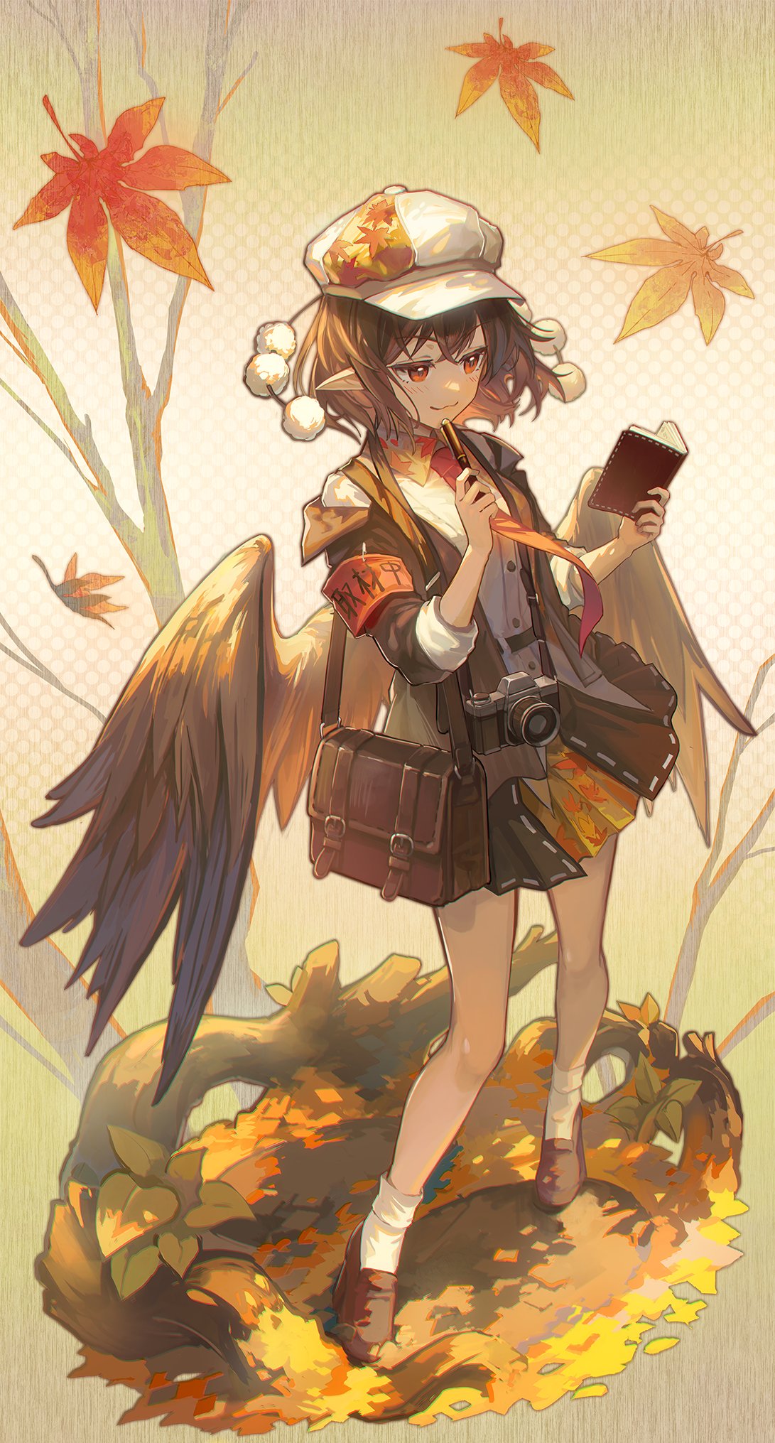 1girl autumn_leaves bag bangs black_skirt blush book breasts brown_bag brown_footwear brown_hair buttons camera closed_mouth collared_shirt gradient gradient_background grey_headwear grey_jacket hair_between_eyes hands_up hat highres jacket kyusoukyu leaf leaf_print long_sleeves looking_to_the_side medium_breasts miniskirt multicolored_clothes multicolored_skirt necktie open_book open_clothes open_jacket orange_necktie pen pointy_ears pom_pom_(clothes) red_eyes shameimaru_aya shirt shoes short_hair skirt smile socks solo standing touhou tree white_background white_shirt white_socks yellow_background yellow_skirt