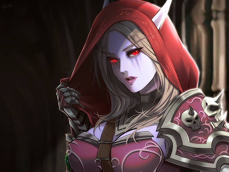 1girl armor blonde_hair colored_skin elf esther_shen fantasy hood long_eyebrows pauldrons pointy_ears red_eyes runny_makeup shoulder_armor skull sylvanas_windrunner undead warcraft world_of_warcraft