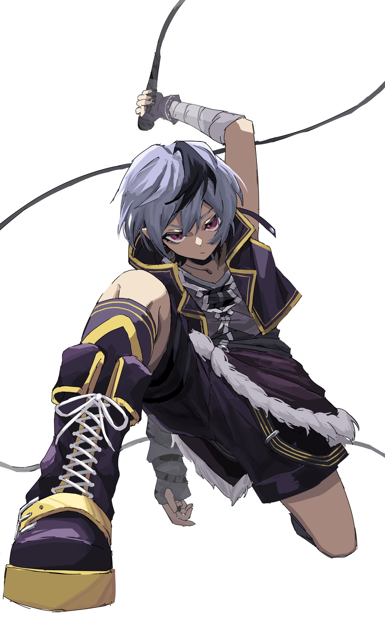 1girl androgynous arm_up arm_warmers bandaged_arm bandages belt belt_collar black_hair boots collar collarbone cross-laced_footwear flower_(vocaloid) flower_(vocaloid4) foreshortening fur-trimmed_skirt fur_trim highres holding holding_microphone jacket kneehighs lace-up_boots light_frown microphone mujikuro multicolored_hair one_knee purple_footwear purple_jacket purple_shirt purple_shorts purple_skirt purple_socks purple_vest red_eyes shirt short_hair shorts shorts_under_skirt simple_background single_arm_warmer skirt sleeveless sleeveless_jacket sleeveless_shirt socks solo streaked_hair v-shaped_eyebrows vest vocaloid white_background white_hair