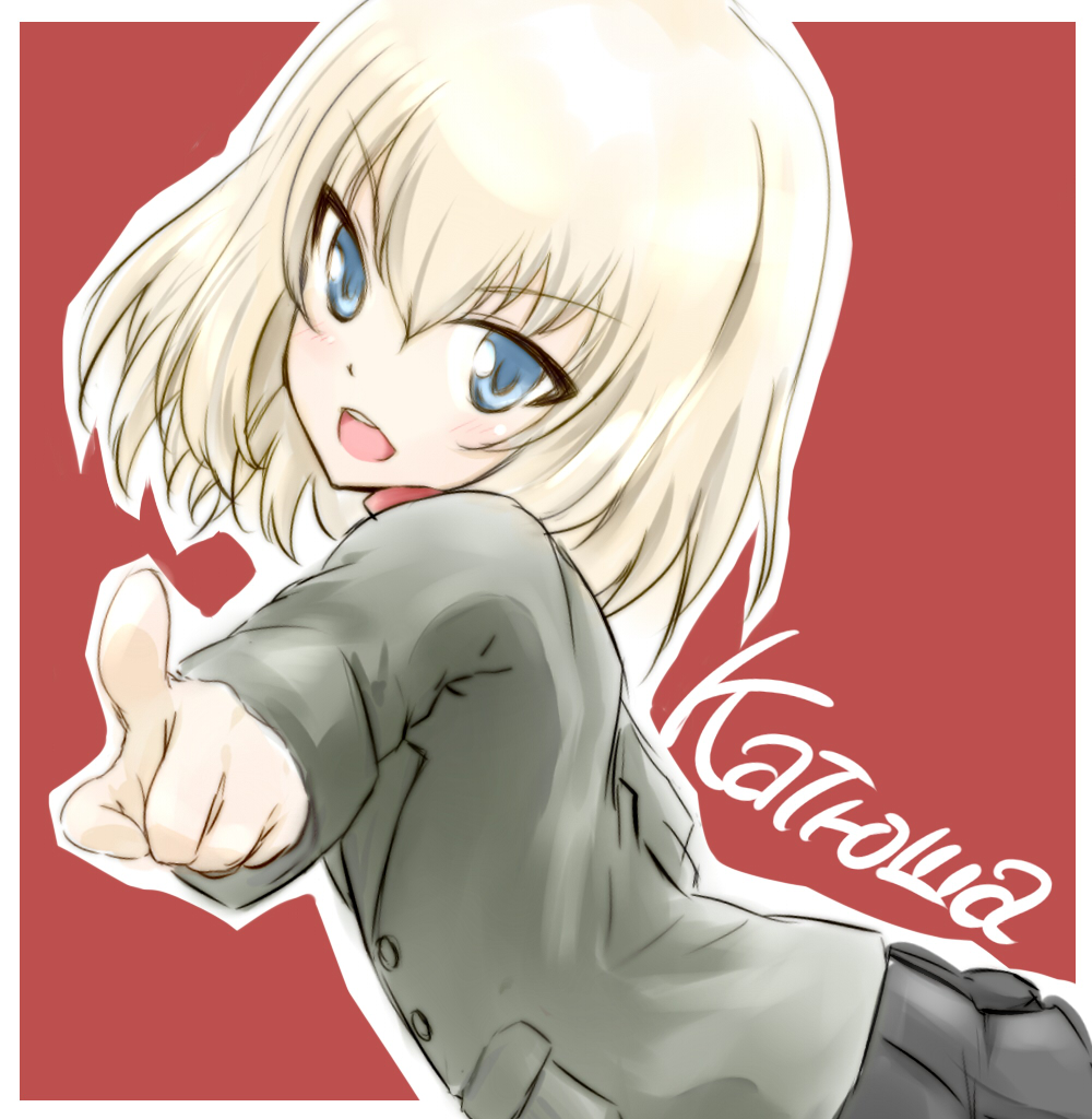 1girl blonde_hair blue_eyes blush border character_name girls_und_panzer jacket katyusha_(girls_und_panzer) looking_at_viewer nuu_(nuu_7) open_mouth pointing pravda_school_uniform red_background school_uniform short_hair sketch skirt smile solo upper_body white_border