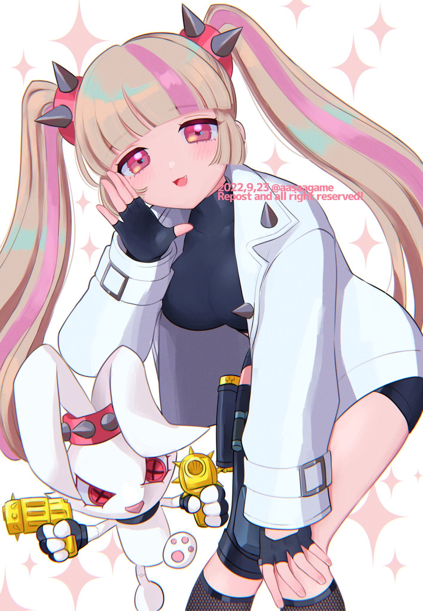 aasaagame blush crop_top fortnite gun happy highres holding holding_gun holding_weapon jacket lennox_rose multicolored_hair rabbit spiked_jacket twintails weapon whispering