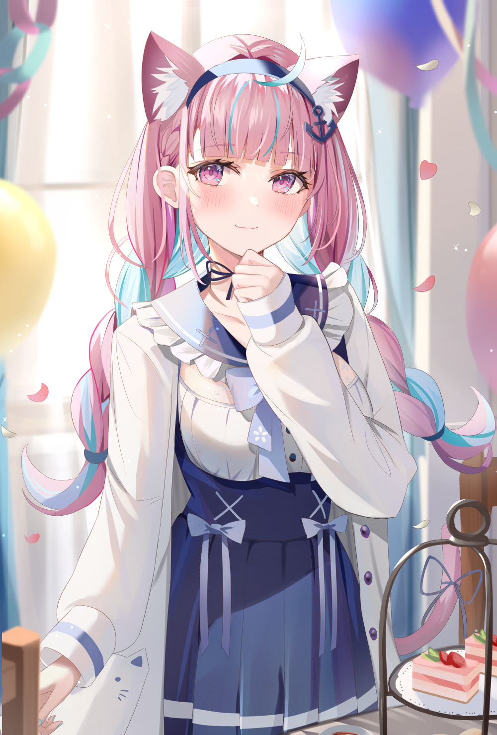 1girl :3 ahoge anchor_hair_ornament anchor_symbol animal_ear_fluff animal_ears balloon bangs blue_bow blue_hair blue_hairband blue_nails blue_ribbon blue_skirt blunt_bangs blush bow braid breasts cake cat_ears cat_girl cat_tail choker closed_mouth collarbone colored_inner_hair curtains extra_ears food frilled_sailor_collar frills hair_ornament hairband hand_on_own_chin hand_up heart-shaped_petals high-waist_skirt highres hololive indoors jacket large_breasts long_hair long_sleeves minato_aqua multicolored_hair neck_ribbon open_clothes open_jacket petals pink_eyes pink_hair pleated_skirt puffy_long_sleeves puffy_sleeves ribbon ribbon_choker sailor_collar school_uniform serafuku sidelocks sisoha skirt sleeves_past_wrists smile solo streaked_hair tail tail_ornament tail_ribbon twin_braids twintails two-tone_hair virtual_youtuber white_jacket window