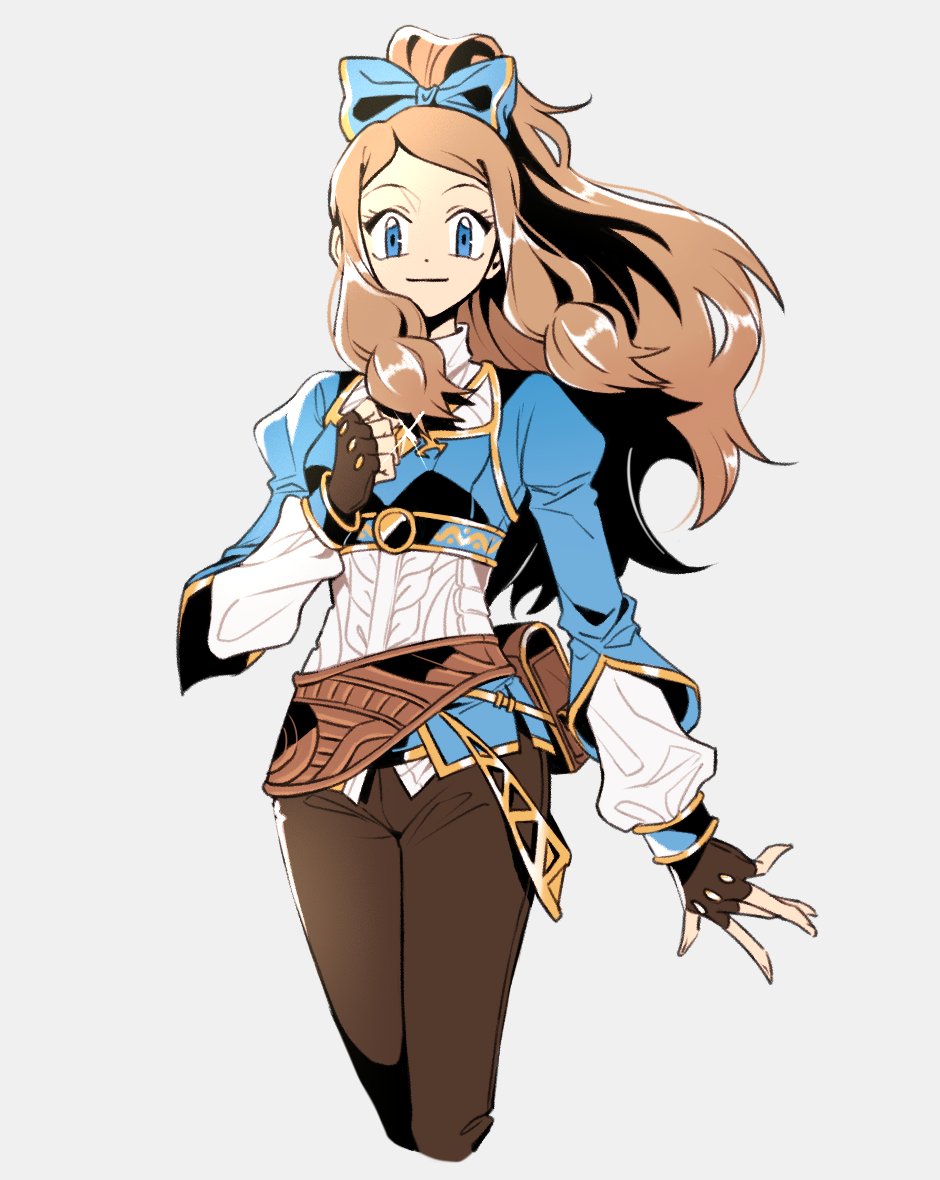 1girl blue_eyes brown_hair closed_mouth fingerless_gloves gloves jiwoo_zzzang long_hair pokemon pokemon_(game) pokemon_xy ponytail princess_zelda serena_(pokemon) simple_background smile solo the_legend_of_zelda the_legend_of_zelda:_breath_of_the_wild white_background