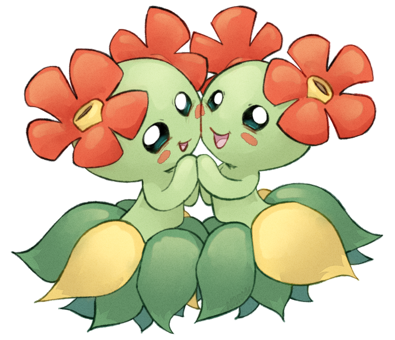 bellossom blush_stickers cheek-to-cheek colored_skin dual_persona flower green_skin heads_together holding_hands leaf leaf_skirt looking_at_viewer monster_girl nark no_humans open_mouth pokemon pokemon_(creature) simple_background smile white_background