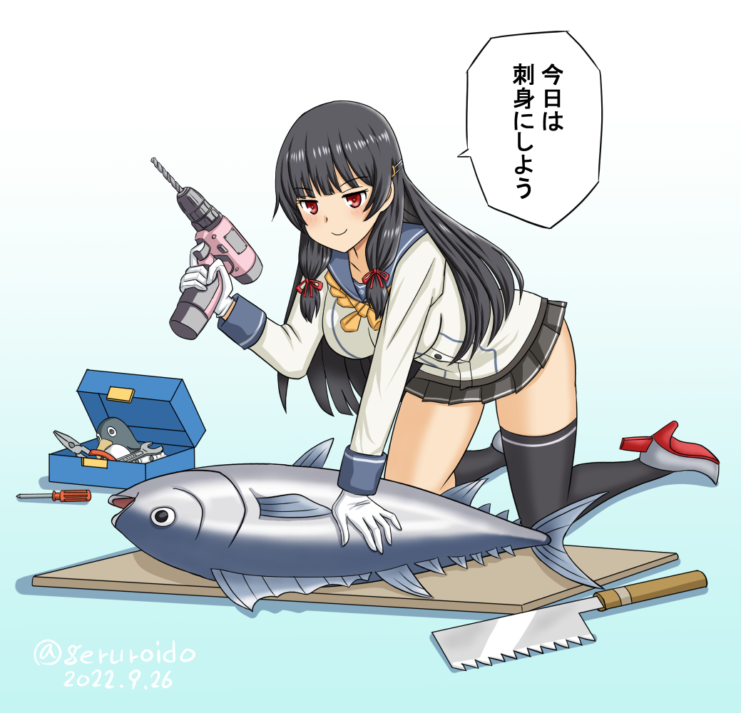 1girl all_fours asymmetrical_legwear black_hair black_skirt blue_background blue_sailor_collar breasts dated drill geru gloves gradient gradient_background hair_ribbon isokaze_(kancolle) kantai_collection kneehighs long_hair long_sleeves medium_breasts neckerchief pleated_skirt pliers power_tool red_eyes ribbon sailor_collar saw school_uniform screw serafuku shirt shoes single_kneehigh single_sock single_thighhigh skirt socks speech_bubble table thigh-highs toolbox tools tress_ribbon tuna twitter_username uneven_legwear white_gloves white_shirt wrench yellow_neckerchief