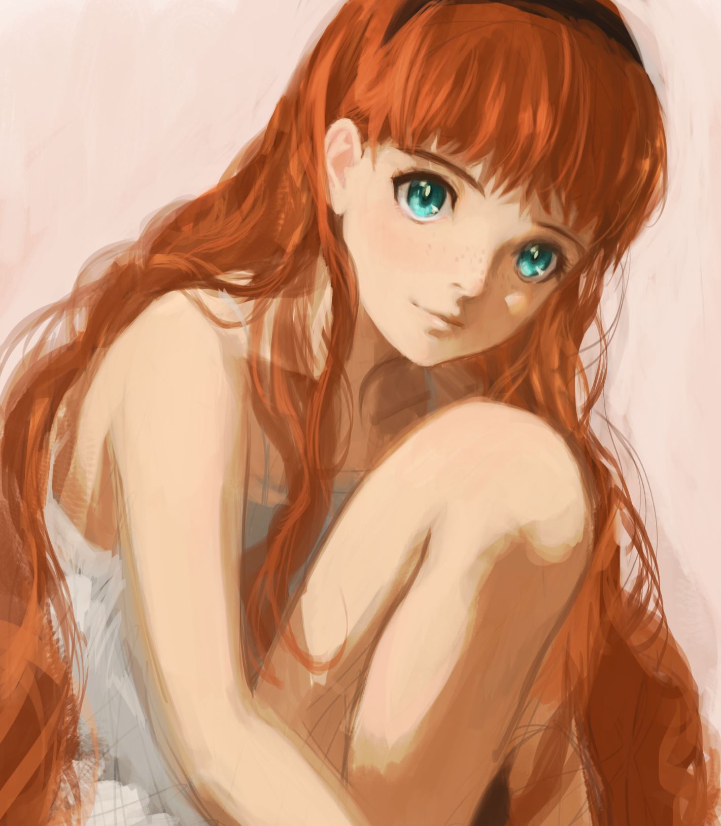 1girl bare_arms bare_legs black_hairband blue_eyes brown_hair closed_mouth collarbone freckles frill_(wonder_egg_priority) hairband highres jya_yan long_hair looking_at_viewer pink_background shirt sitting sleeveless sleeveless_shirt smile solo very_long_hair white_shirt wonder_egg_priority