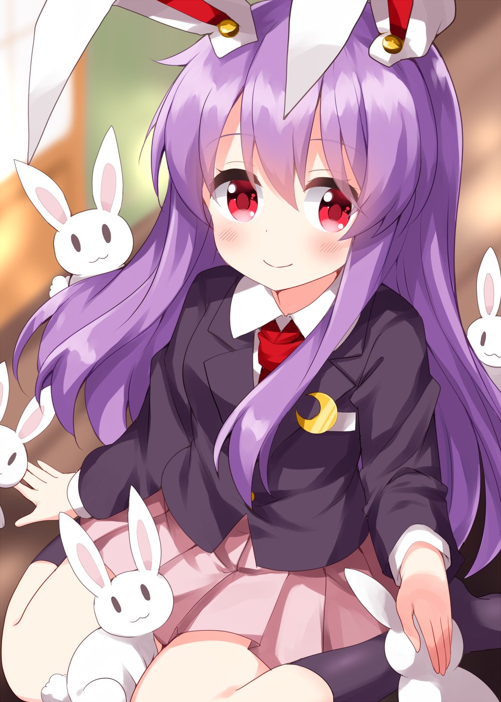 1girl animal_ears bangs black_jacket black_socks blazer buttons closed_mouth collared_shirt commentary_request happy highres inaba_mob_(touhou) jacket kneehighs long_hair looking_at_viewer miniskirt necktie no_shoes one-hour_drawing_challenge pink_shirt pleated_skirt purple_hair rabbit rabbit_ears rabbit_girl rabbit_tail red_eyes red_necktie reisen_udongein_inaba ruu_(tksymkw) shirt sitting skirt smile socks solo tail too_many too_many_rabbits touhou very_long_hair wariza white_shirt