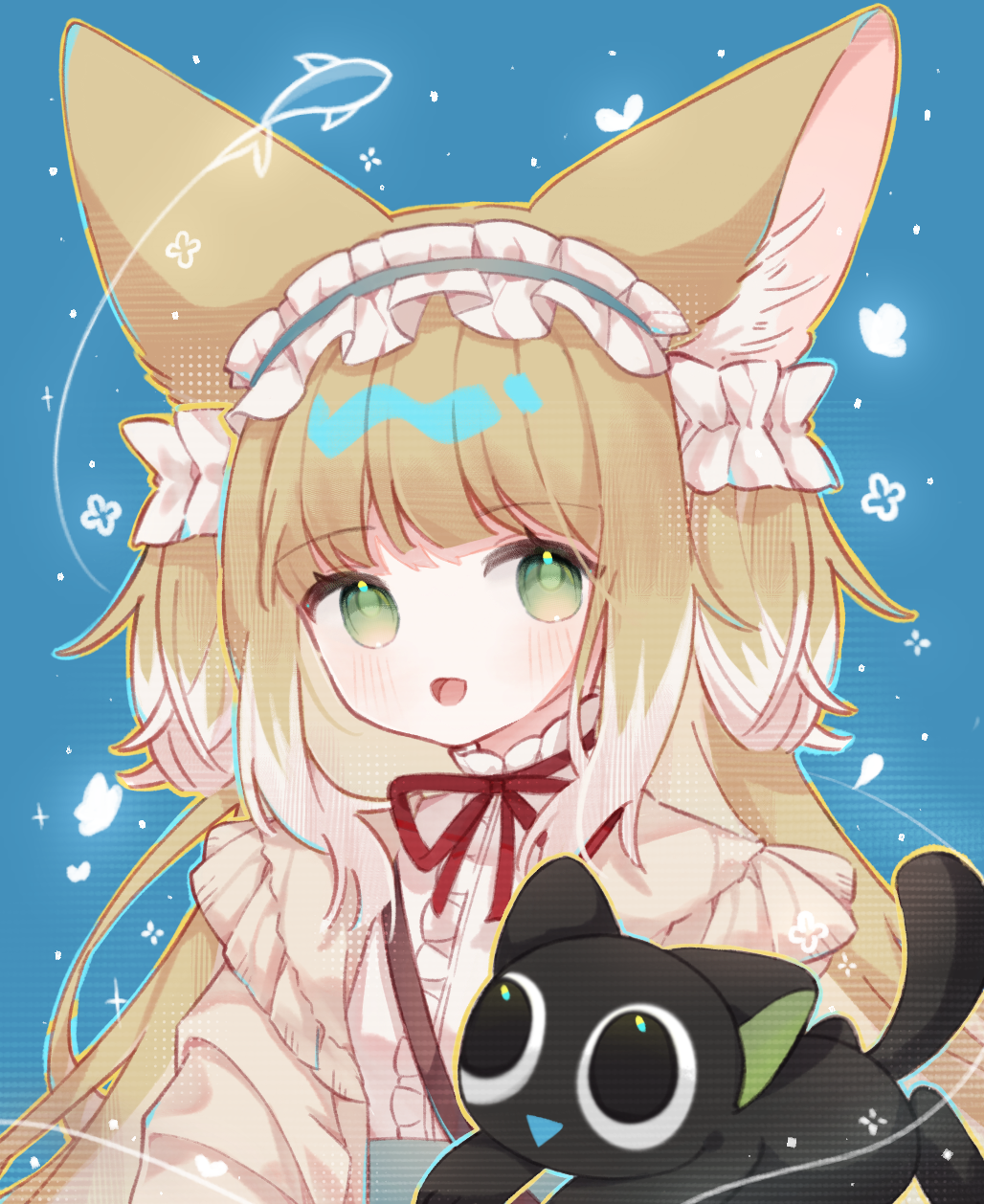 1girl :d animal_ears arknights black_cat blonde_hair blue_background blue_hairband blush cat fox_ears fox_girl frilled_hairband frills green_eyes hairband highres long_sleeves looking_at_viewer luoxiaohei multicolored_hair neck_ribbon official_alternate_costume open_mouth red_ribbon ribbon shiny shiny_hair shirt simple_background smile soja6255 solo streaked_hair suzuran_(arknights) suzuran_(spring_praise)_(arknights) the_legend_of_luo_xiaohei triangle_mouth upper_body white_hair white_shirt