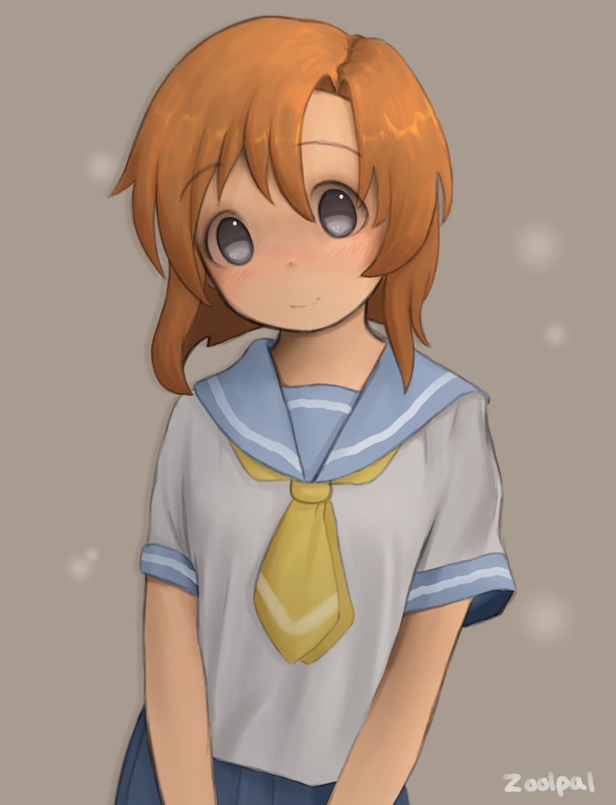 1girl bangs blue_eyes blue_sailor_collar blue_skirt closed_mouth grey_background higurashi_no_naku_koro_ni looking_at_viewer neckerchief orange_hair parted_bangs pleated_skirt ryuuguu_rena sailor_collar school_uniform serafuku shirt short_hair sidelocks signature skirt smile solo upper_body white_shirt yellow_neckerchief zoolpal