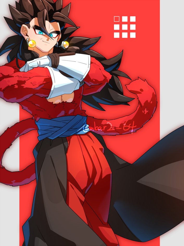 black_hair body_fur closed_mouth dragon_ball dragon_ball_heroes earrings gamubanku jewelry long_hair looking_at_viewer monkey_boy monkey_tail muscular muscular_male potara_earrings red_fur smug spiky_hair super_saiyan super_saiyan_4 tail topless_male vegetto vegetto_(xeno)