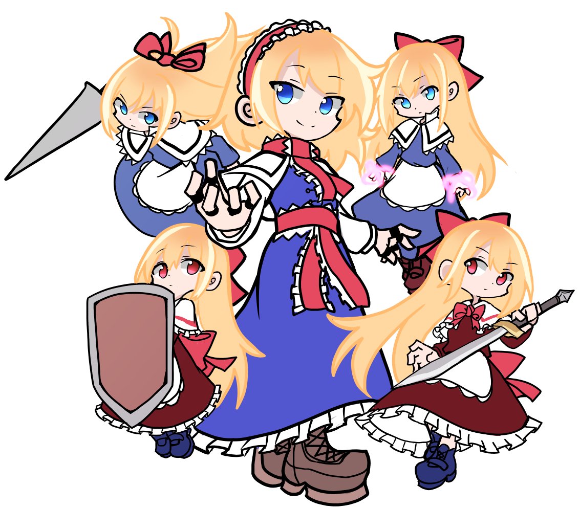 5girls alice_margatroid blonde_hair blue_dress blue_eyes bow brown_footwear capelet closed_mouth dress frilled_hairband frills full_body hair_bow hairband holding holding_shield holding_sword holding_weapon hourai_doll lolita_hairband long_hair multiple_girls puyopuyo red_bow red_dress red_eyes red_hairband shanghai_doll shield shinmon_akika short_hair simple_background smile sword touhou weapon white_background white_capelet