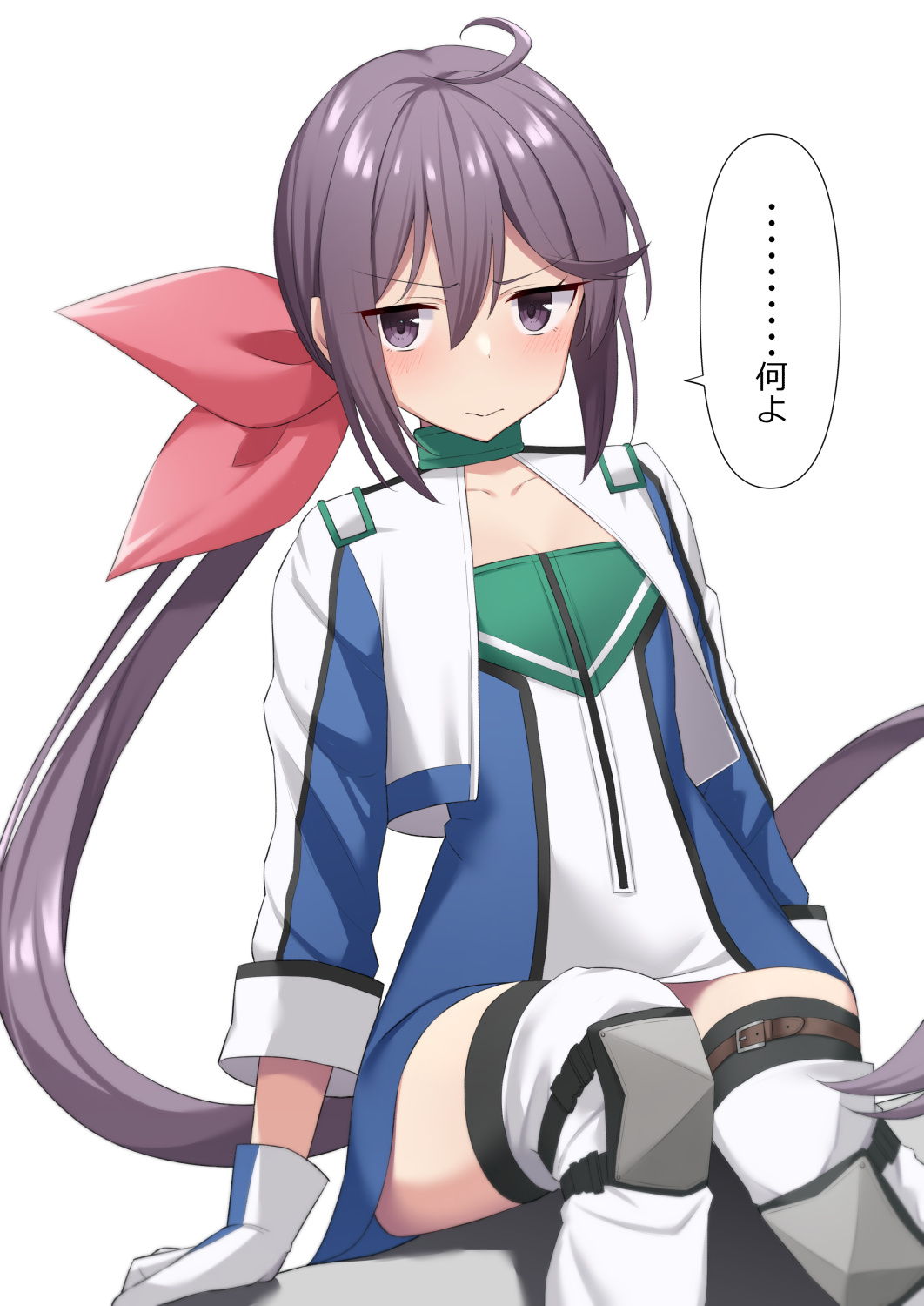 1girl ahoge akahi242 akebono_(kancolle) bell boots commentary_request dress dutch_angle flat_chest flower gloves hair_bell hair_flower hair_ornament highres jacket jingle_bell kantai_collection long_hair looking_at_viewer multicolored_clothes multicolored_dress multicolored_jacket official_alternate_costume purple_hair racequeen side_ponytail simple_background sitting solo thigh_boots translation_request two-tone_jacket very_long_hair violet_eyes white_background white_dress white_gloves