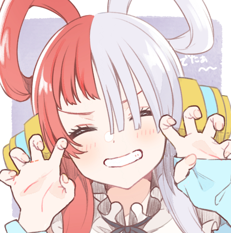 1girl asymmetrical_sleeves claw_pose closed_eyes fingernails grin hair_over_one_eye hair_rings headphones multicolored_hair one_piece redhead shigure_ui smile split-color_hair uta_(one_piece) white_hair