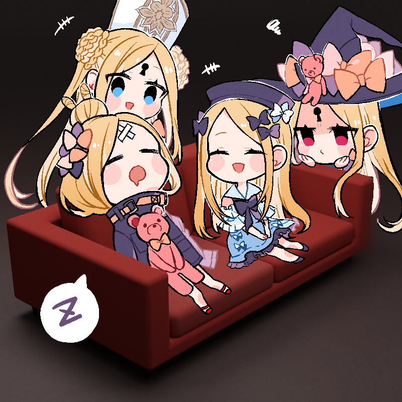 +++ 4girls abigail_williams_(fate) abigail_williams_(swimsuit_foreigner)_(fate) abigail_williams_(traveling_outfit)_(fate) akirannu bangs black_background black_bow black_footwear black_headwear black_jacket blonde_hair blue_dress blue_eyes blush_stickers bow braid braided_bun brown_bow chibi closed_eyes closed_mouth couch crossed_bandaids double_bun dress drooling fate/grand_order fate_(series) hair_bow hair_bun hat hat_bow jacket keyhole long_hair mouth_drool multiple_girls on_couch parted_bangs red_eyes red_footwear shoes sleeping spoken_zzz squiggle stuffed_animal stuffed_toy teddy_bear very_long_hair white_headwear witch_hat zzz