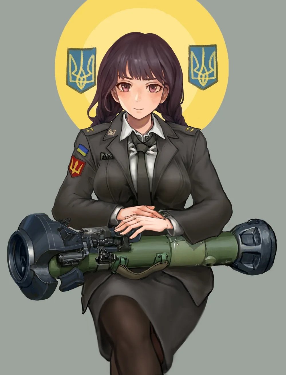 1girl bangs black_necktie black_pantyhose blush breasts brown_hair closed_mouth collared_shirt cowboy_shot highres long_hair long_sleeves military military_uniform necktie original pantyhose perfect_han rocket_launcher russo-ukrainian_war shirt sitting skirt smile solo st._javelin ukrainian_flag uniform weapon white_shirt