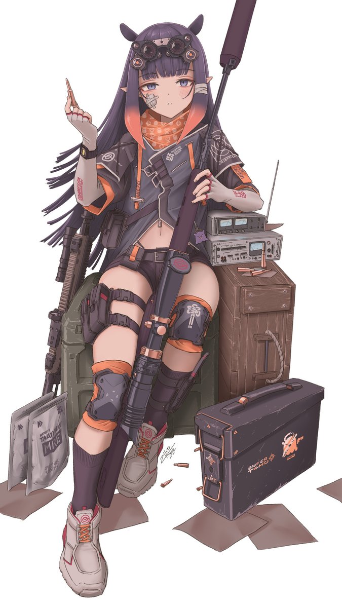 1girl ammunition_box bandaid bandaid_on_face bangs battle_rifle bike_shorts blue_eyes bullet crate fingerless_gloves gloves gun headgear highres holding holding_weapon hololive hololive_english jacket knee_pads long_hair looking_at_viewer multicolored_hair navel ninomae_ina'nis orange_hair pointy_ears purple_hair radio rifle scope shoes sitting sneakers sniper sniper_rifle solo tentacle_hair virtual_youtuber weapon zhvo