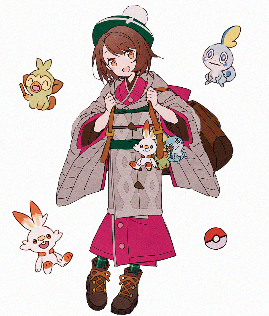 1girl :d adapted_costume backpack bag bob_cut boots brown_bag brown_eyes brown_footwear brown_hair buttons cable_knit character_doll full_body gloria_(pokemon) green_headwear green_socks grookey hakusai_(tiahszld) hands_up hat holding_strap japanese_clothes kimono looking_at_viewer open_mouth pink_kimono plaid_socks poke_ball_symbol pokemon pokemon_(game) pokemon_swsh scorbunny short_hair simple_background smile sobble socks tam_o'_shanter white_background