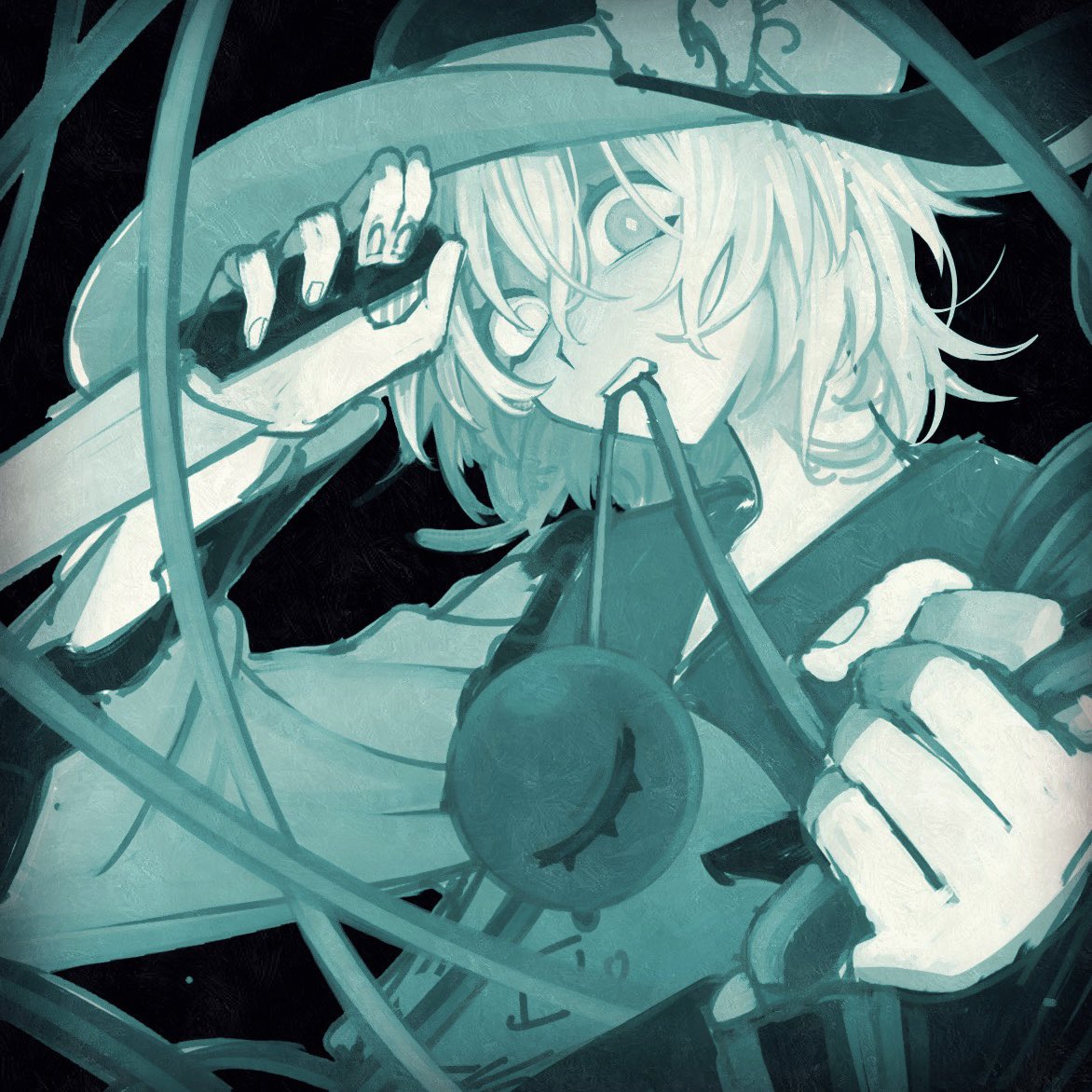 1girl aqua_theme bad_id bad_twitter_id blouse bow diamond-shaped_pupils diamond_(shape) fingernails frilled_sleeves frills hair_between_eyes hands_up hat hat_bow holding holding_knife knife komeiji_koishi long_sleeves monochrome mouth_hold safe3133 shaded_face shirt short_hair sketch solo symbol-shaped_pupils teeth third_eye touhou upper_body wide_sleeves