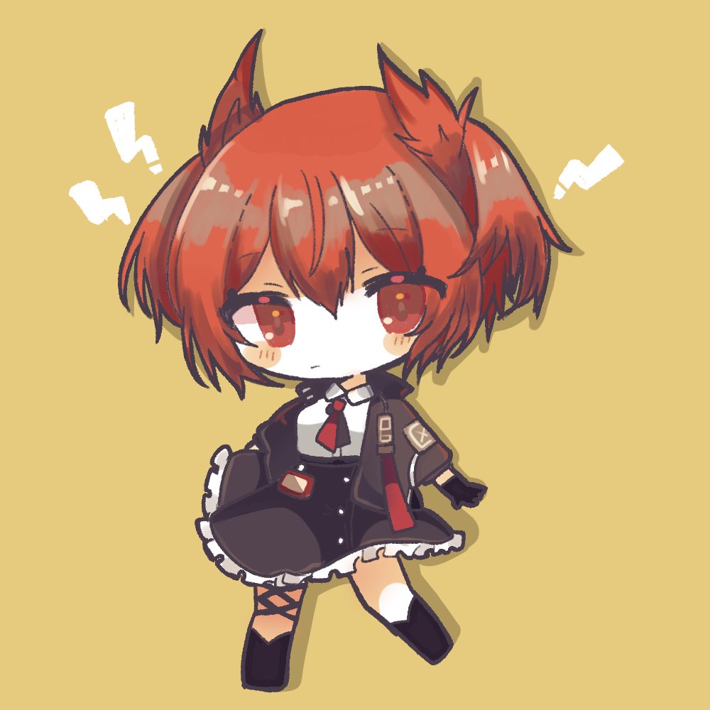 ! 1girl animal_ears arknights bird_ears black_footwear black_gloves black_jacket black_skirt blush_stickers brown_background chibi collared_shirt fiammetta_(arknights) frilled_skirt frills gloves jacket long_sleeves looking_at_viewer mom2 necktie open_clothes open_jacket red_eyes red_necktie redhead shirt short_hair simple_background skirt solo white_shirt