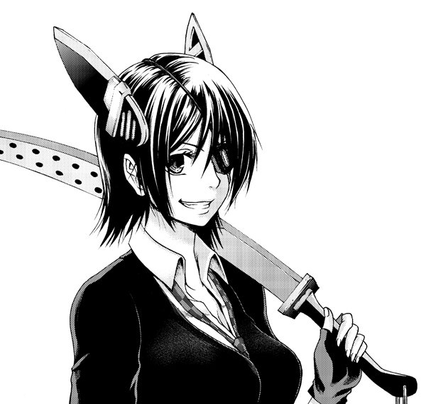 1girl an'no_natsume breasts cardigan checkered_necktie eyebrows_hidden_by_hair eyepatch fingerless_gloves gloves greyscale headgear kantai_collection large_breasts medium_hair monochrome necktie solo sword tenryuu_(kancolle) upper_body weapon