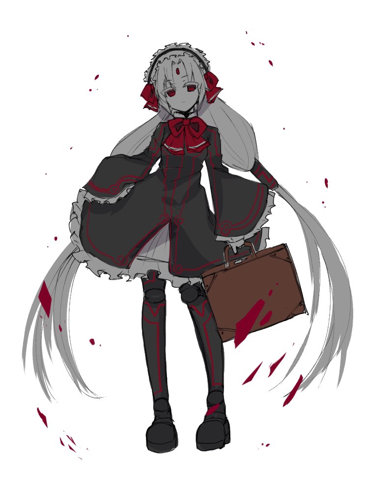 1girl bow briefcase forehead_jewel gothic_lolita hair_bow hayase joints lolita_fashion maid_headdress red_eyes robot_joints simple_background solo twintails under_night_in-birth vatista white_background white_hair