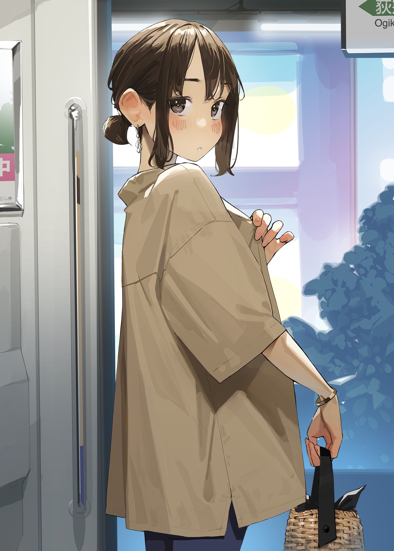 1girl bag blush bracelet brown_coat brown_eyes brown_hair coat commentary_request douki-chan_(douki-chan) earrings fingernails ganbare_douki-chan highres holding holding_bag jewelry looking_at_viewer parted_lips short_hair short_ponytail solo yomu_(sgt_epper)