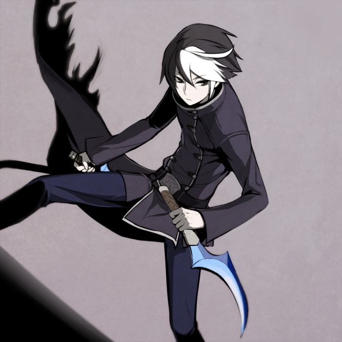 1boy ahoge black_eyes black_hair coat dagger dual_wielding eliminator_(weapon) grey_eyes holding holding_dagger holding_knife holding_weapon knife male_focus multicolored_hair seth_(under_night_in-birth) short_hair solo tb_(spr1110) two-tone_hair under_night_in-birth weapon white_hair