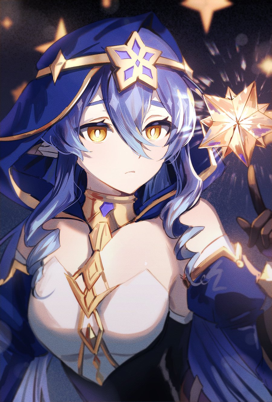 1girl black_gloves blue_hair blue_hood bright_pupils dessertparty detached_sleeves drill_hair genshin_impact gloves hair_between_eyes halterneck hat_ornament highres jewelry layla_(genshin_impact) long_hair neck_ring pointy_ears ringlets solo star_(symbol) star_hat_ornament starry_background twin_drills yellow_eyes