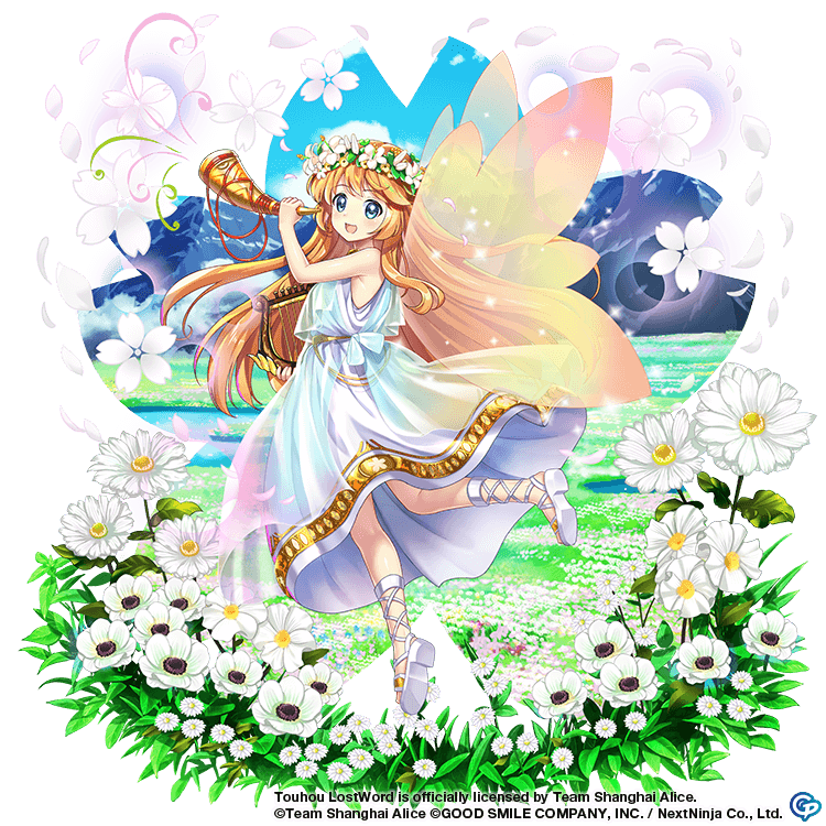 artist_request blonde_hair blue_eyes blush dress fairy fairy_wings flower full_body grass greek_clothes happy harp head_wreath holding holding_instrument horn_(instrument) instrument lily_white long_hair lyre non-web_source official_art open_mouth petals sandals shoe_soles touhou touhou_lost_word translation_request very_long_hair white_dress white_flower white_footwear wings