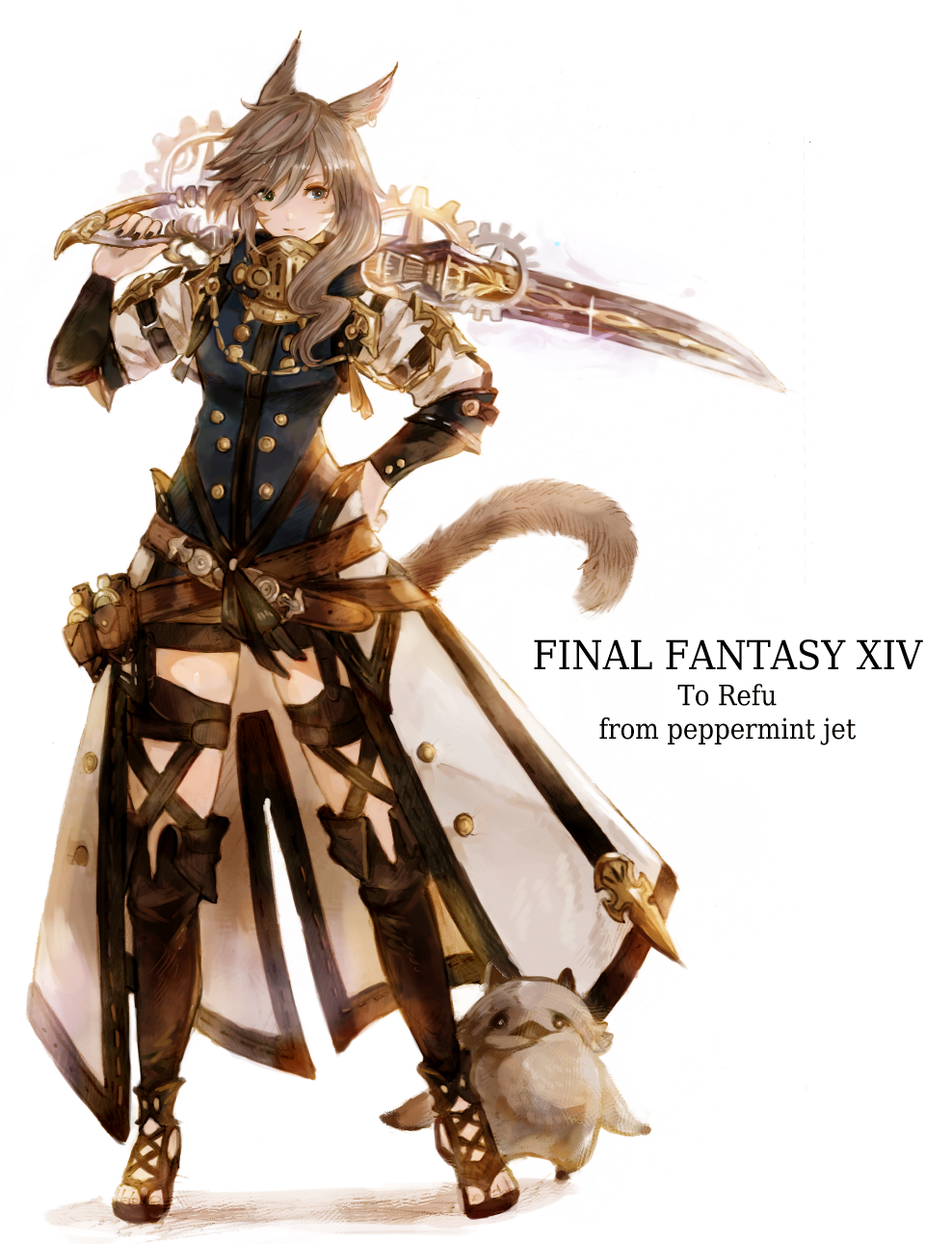1girl animal_ears avatar_(ff14) blue_eyes cat_ears cat_tail facial_mark final_fantasy final_fantasy_xiv full_body garter_straps grey_hair gunblade gunbreaker_(final_fantasy) hair_between_eyes hand_on_hip highres holding holding_weapon long_hair looking_at_viewer miqo'te peppermint_jet shorts smile standing tail thigh-highs toeless_footwear weapon whisker_markings
