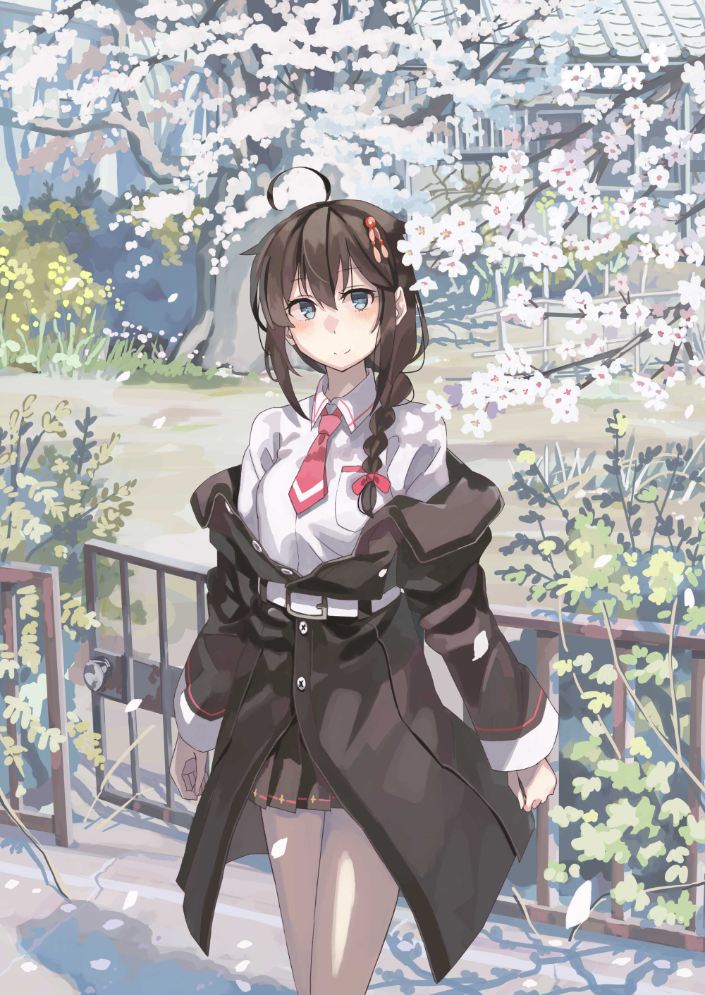 1girl ahoge belt belt_buckle black_coat black_skirt blue_eyes breast_pocket brown_hair buckle closed_mouth clothes_down coat collared_shirt dress_shirt grey_pantyhose hair_ornament hair_over_shoulder hairpin highres kantai_collection long_hair miniskirt necktie outdoors pantyhose petals pleated_skirt pocket red_necktie shigure_(kancolle) shigure_kai_ni_(kancolle) shiny shirt short_necktie skirt smile solo spring_(season) standing sugue_tettou white_belt white_shirt wing_collar