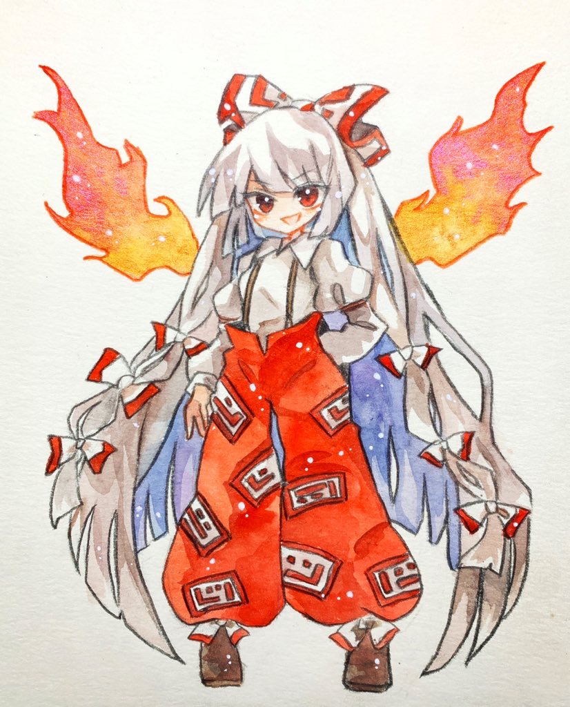 1girl :d bow fiery_wings fujiwara_no_mokou grey_hair hair_bow hand_in_own_hair juliet_sleeves key747h long_hair long_sleeves looking_at_viewer multiple_bows ofuda ofuda_on_clothes open_mouth pants puffy_sleeves red_eyes red_pants shirt simple_background smile solo standing suspenders touhou very_long_hair white_background white_shirt wings