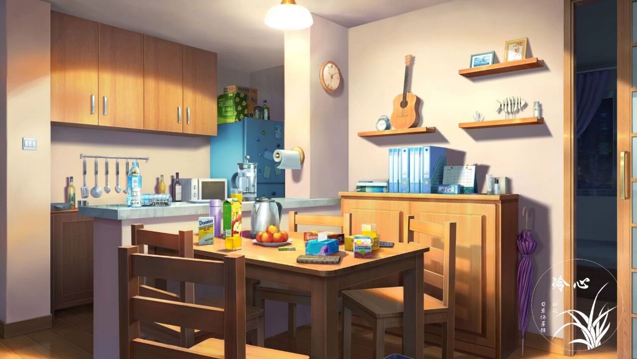 bottle chair clock counter cup cupboard dining_room folder food fruit guitar indoors instrument kettle light_switch microwave no_humans original refrigerator scenery shelf table tissue_box umbrella utensil wooden_chair wooden_table xingzhi_lv